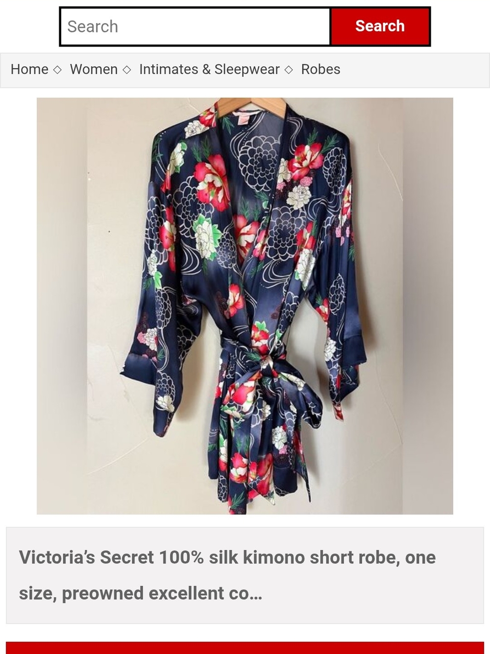 Victoria's Secret Navy Floral Silk Kimono Short Robe with Red & Green Accents